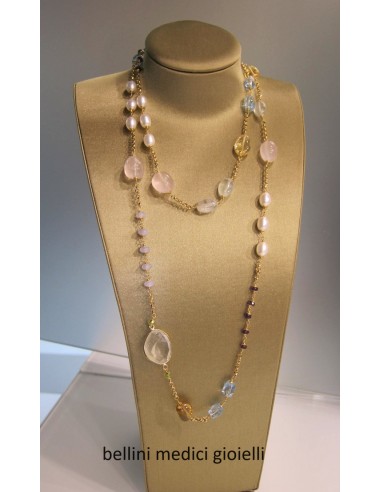 Collana in oro con topazio azzurro, perle , quarzo rosa e quarzo citrino