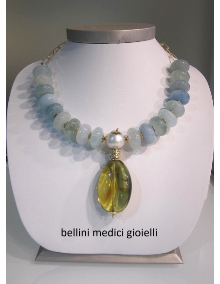 girocollo in argento con acquamarina e ambra