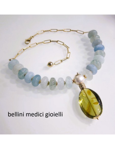 girocollo in argento con acquamarina e ambra