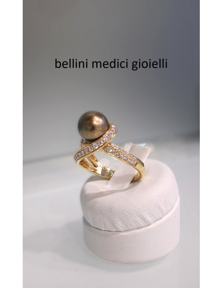 ANELLO IN ORO ROSA CON PERLA CHOCOLATE E BRILLANTI