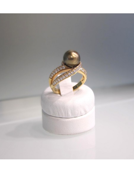 ANELLO IN ORO ROSA CON PERLA CHOCOLATE E BRILLANTI