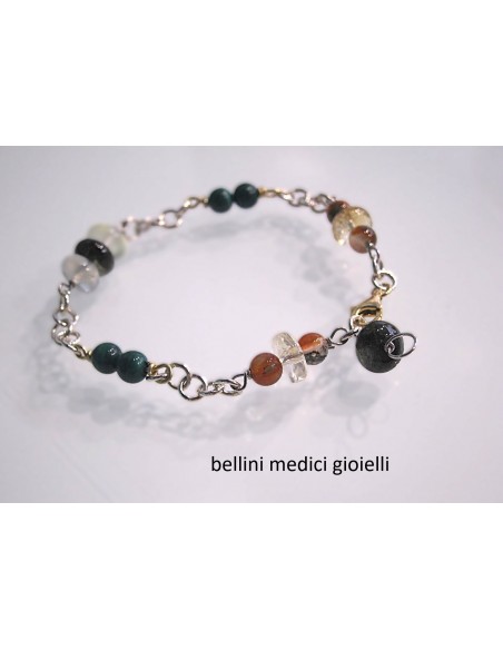 bracciale in argento con agata muschiata, malachite e prehnite