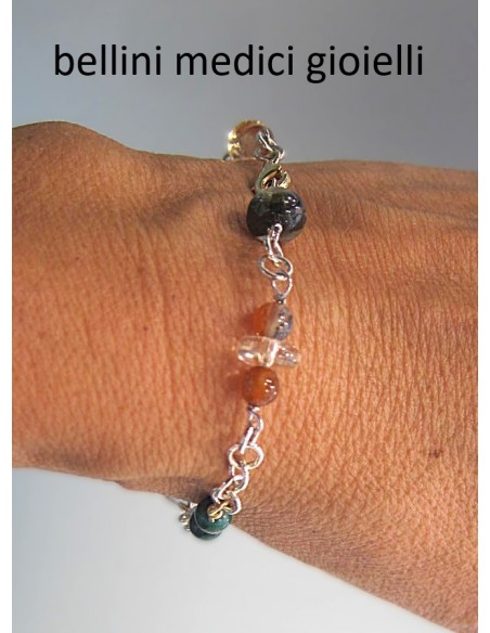 bracciale in argento con agata muschiata, malachite e prehnite