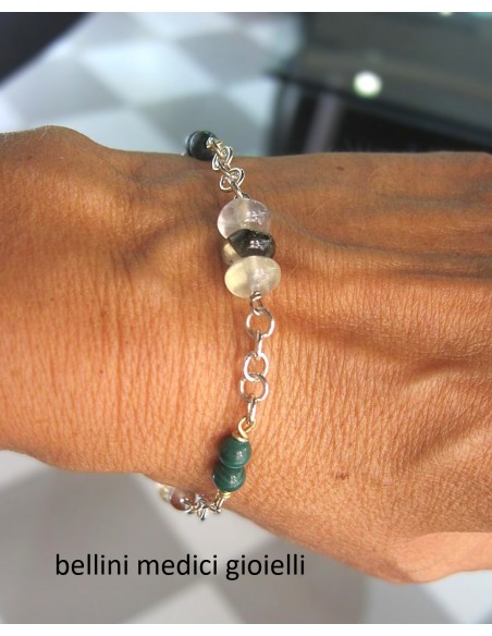 bracciale in argento con agata muschiata, malachite e prehnite