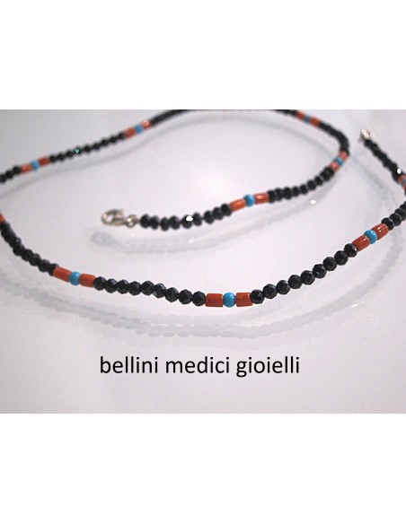 GIROCOLLO CON SPINELLO NERO, TURCHESE E CORALLO ROSSO