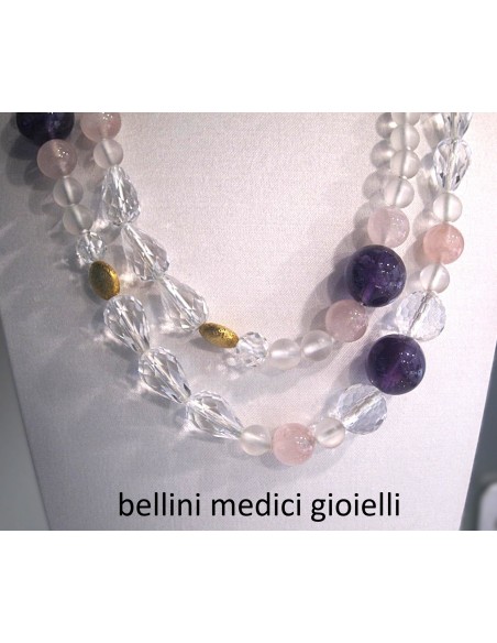 collana con cristallo di rocca, quarzo ametista, quarzo rosa e argento dorato
