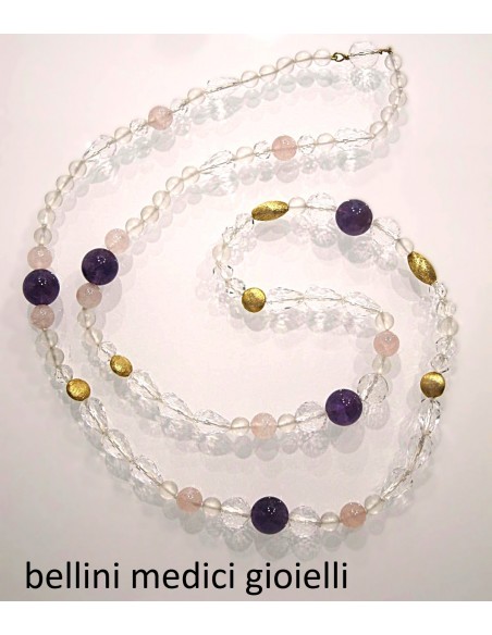 collana con cristallo di rocca, quarzo ametista, quarzo rosa e argento dorato
