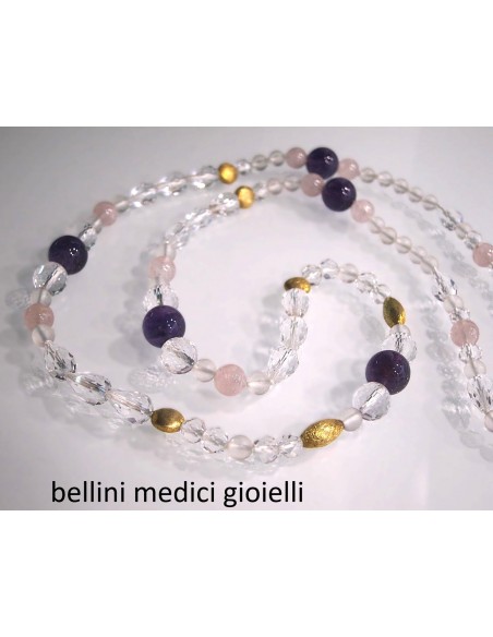 collana con cristallo di rocca, quarzo ametista, quarzo rosa e argento dorato