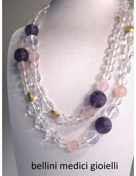 collana con cristallo di rocca, quarzo ametista, quarzo rosa e argento dorato