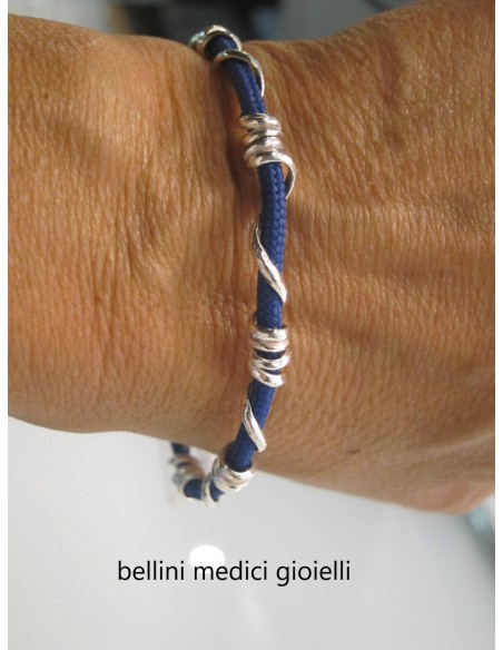 bracciale in argento con cordone nautico blu
